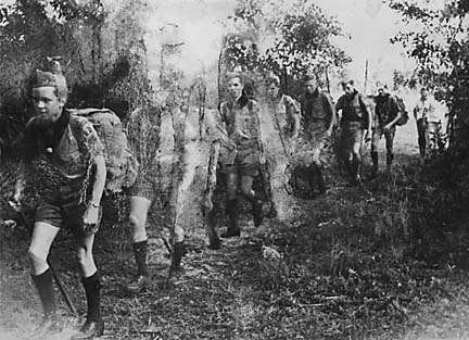 Troop hiking with backpacks
