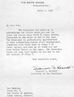 White House letter to Rex Hawkins after troop visited the Truman Little White House in Key West